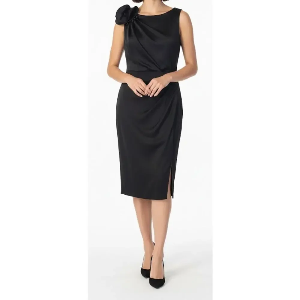 Adrianna Papell Black Shoulder Dress Structural Ruffle Beaded Bodice - Picture 2 of 8